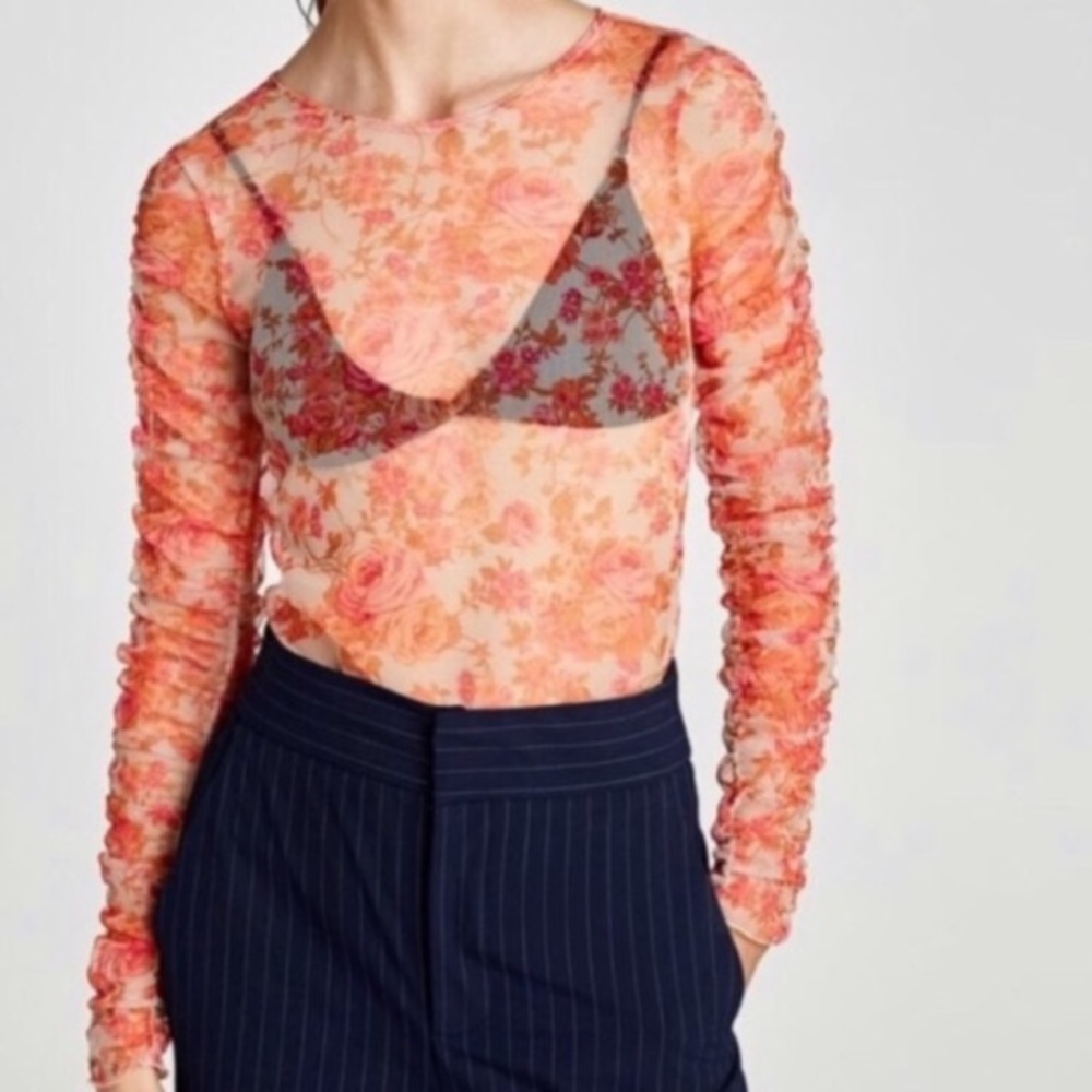 ZARA Floral Sheer Ruched Top Orange - M
